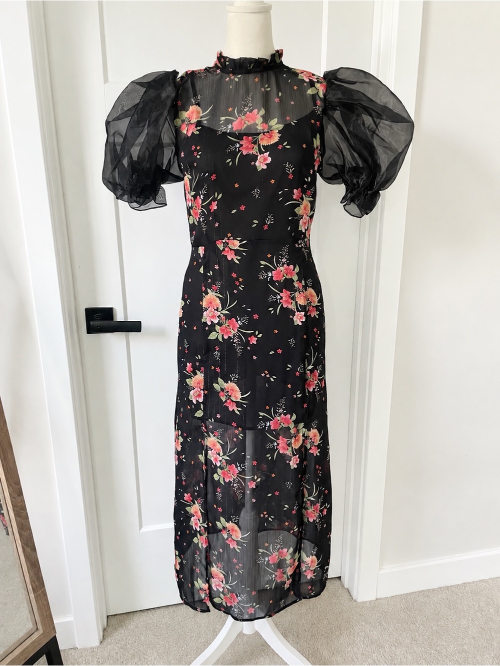 Topshop Floral Sheer Puff Sleeve Midi Dress Organza